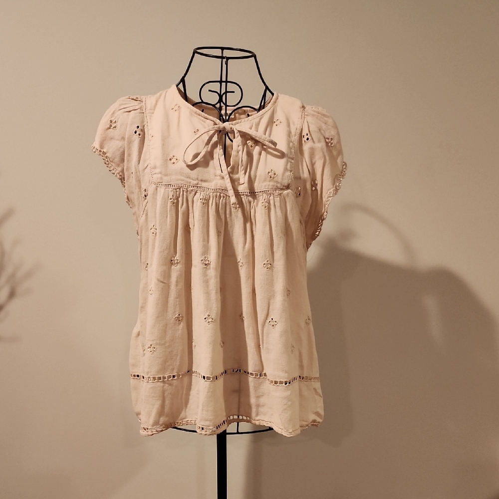 GAP Pink Puff Sleeve Blouse with Ruffled Tie Front